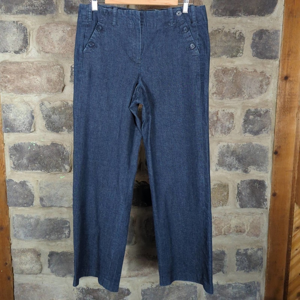 Sandro Sportswear Pants Wide Leg Chambray Woman's Size 10 Blue Button Accent